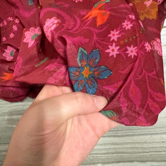 Free People Red Wildflower Honey Floral Ruffle Mesh Lined Blouse Top- Size XS - Picture 6 of 8